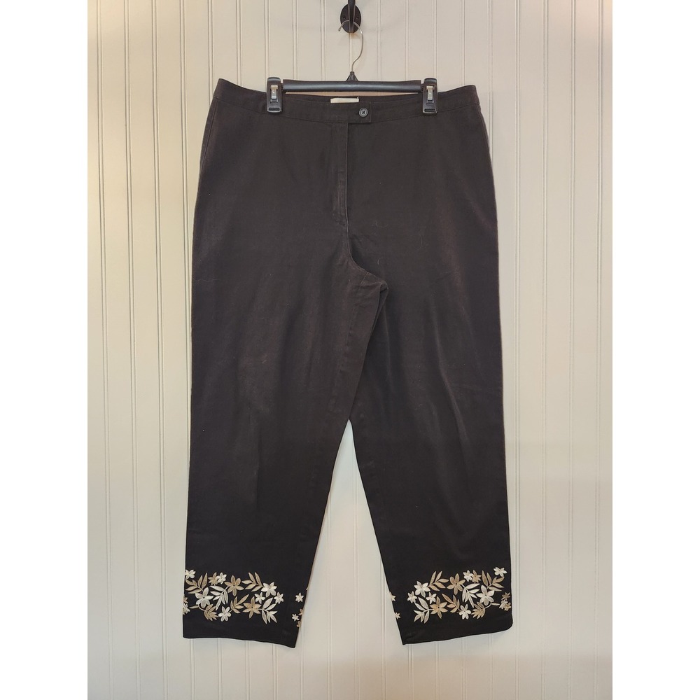 Talbots Stretch Black Floral Embroidered Crop Pants Womens 18 Cotton 39x28